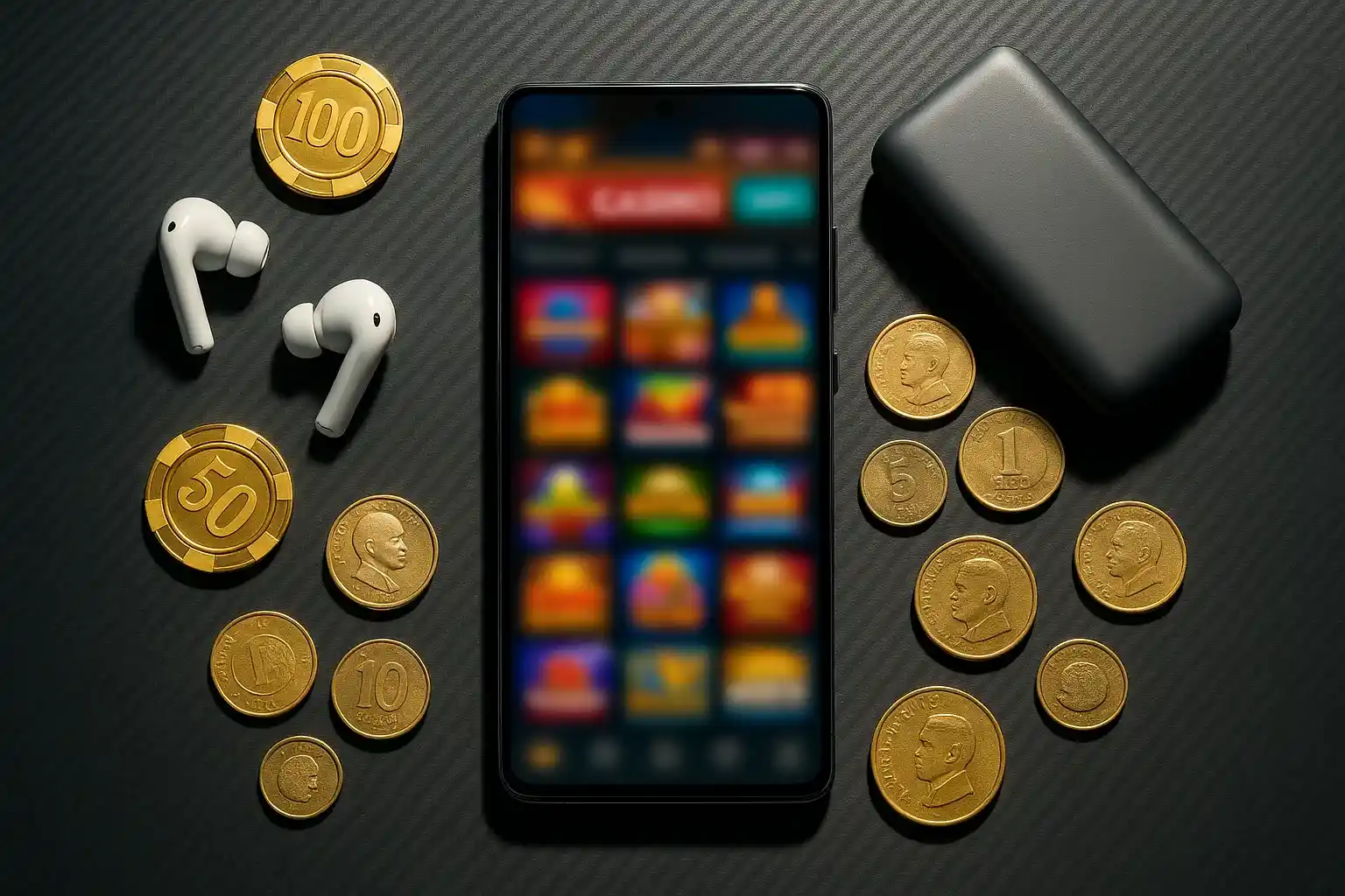 Ultra-realistic flat-lay of Android phone with casino app, chips, and peso coins