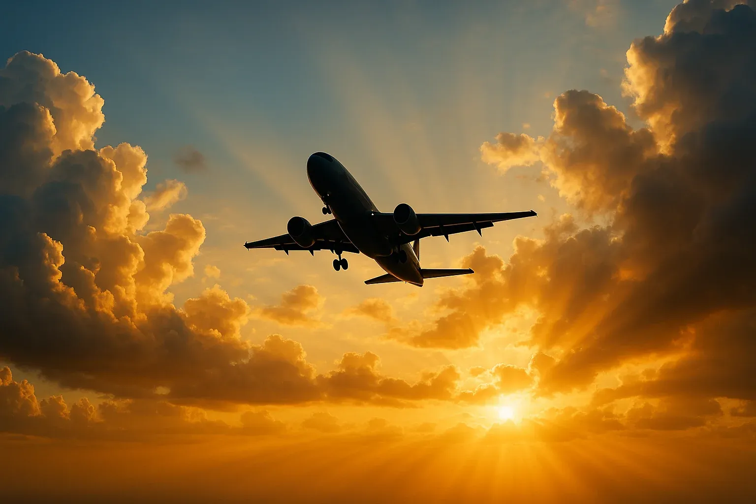 Modern airplane silhouette ascending through golden-hour clouds with dramatic sun rays