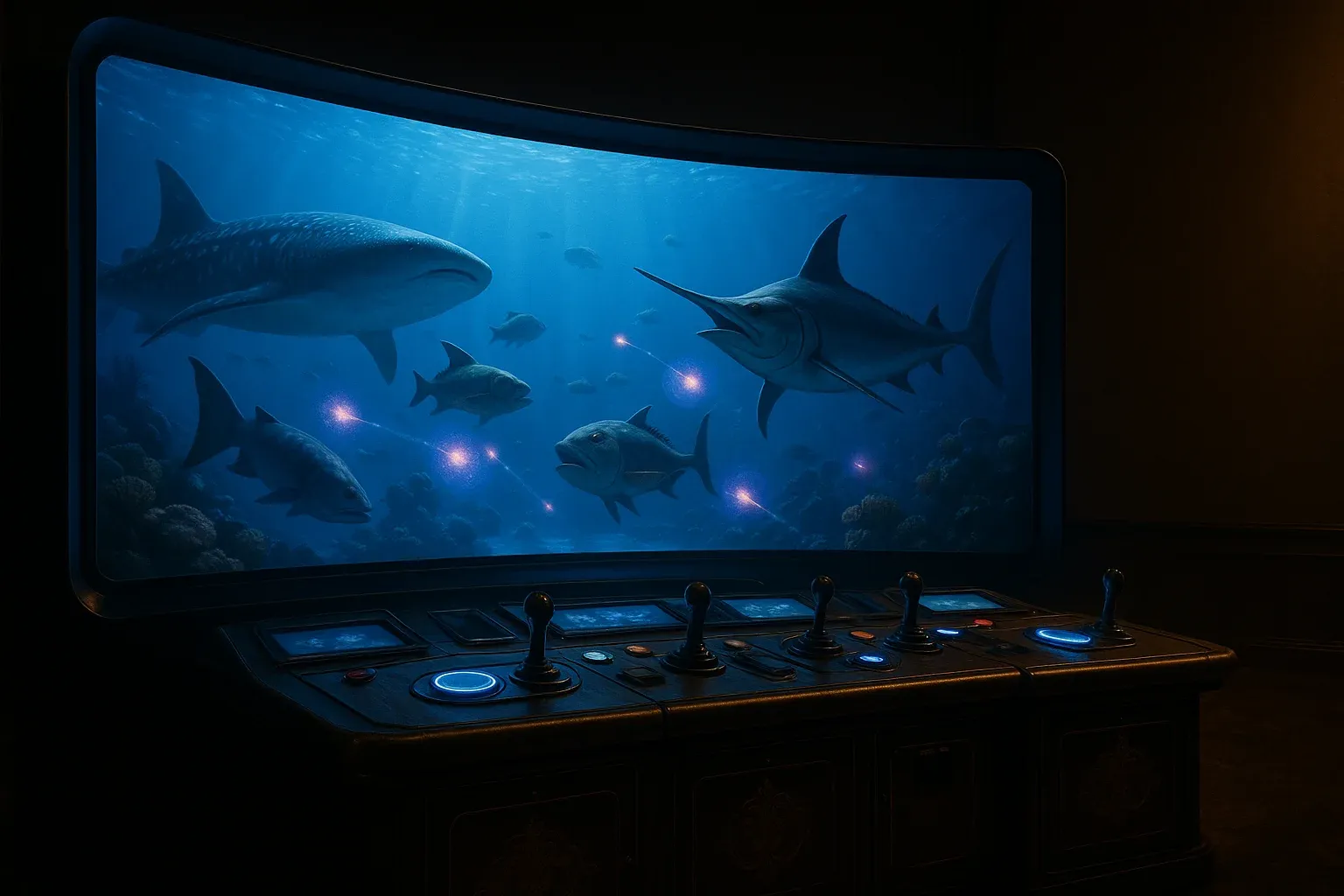 Cinematic wide shot of premium fishing game arcade setup in Philippine casino