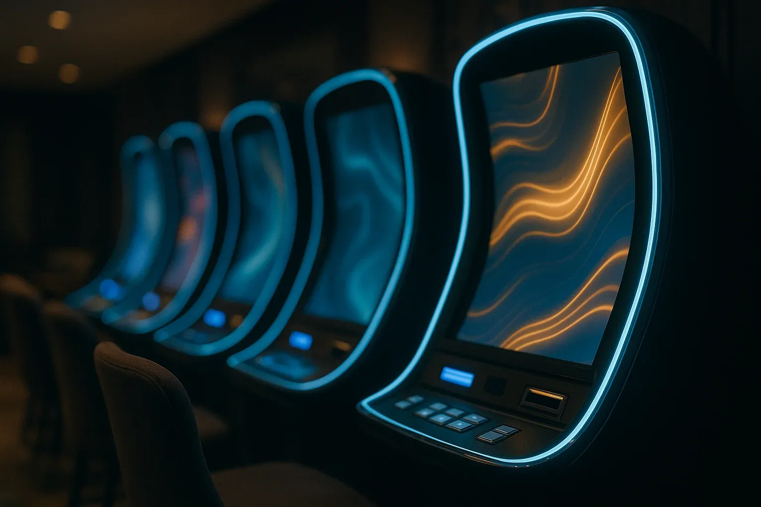 Curved slot machine screens glowing in dark premium lounge, blue gold neon