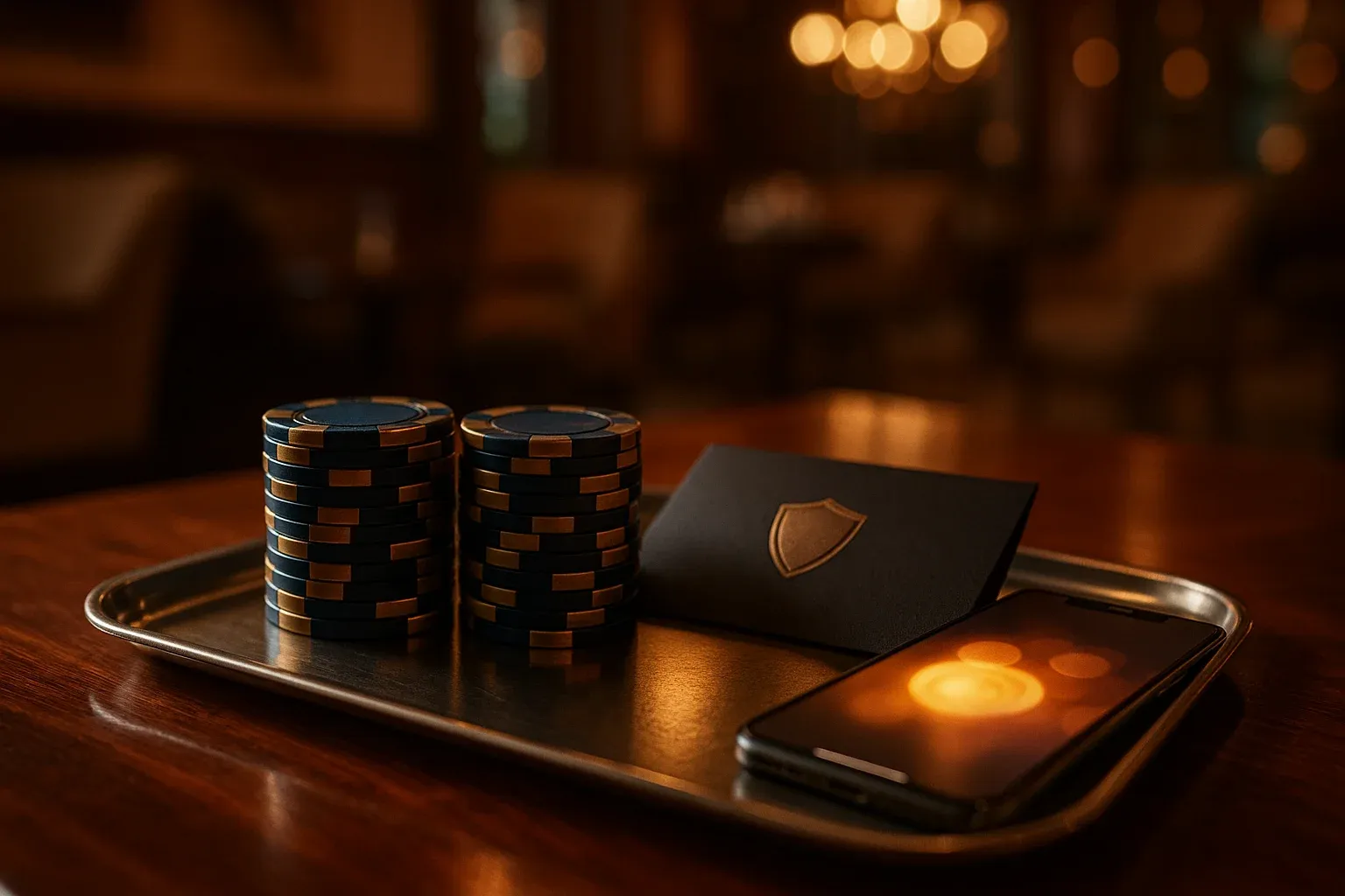 VIP casino bonus tray with blue gold chips, envelope, smartphone in luxury lounge