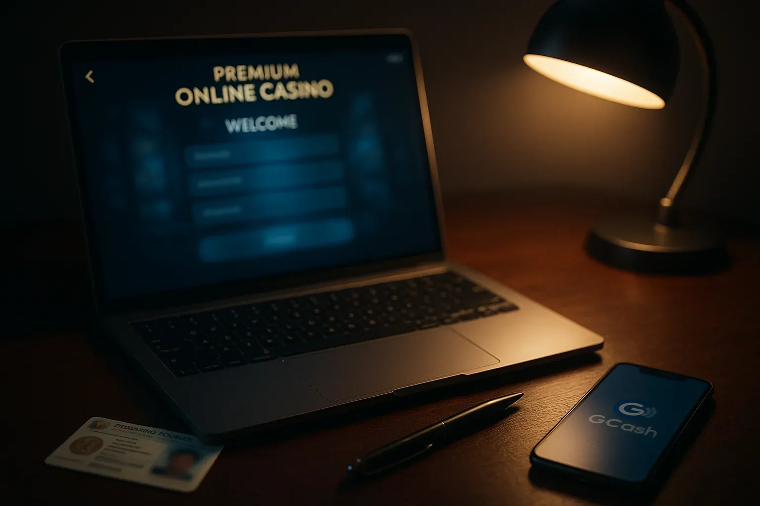 Premium online casino registration scene with laptop, ID card, phone, and pen