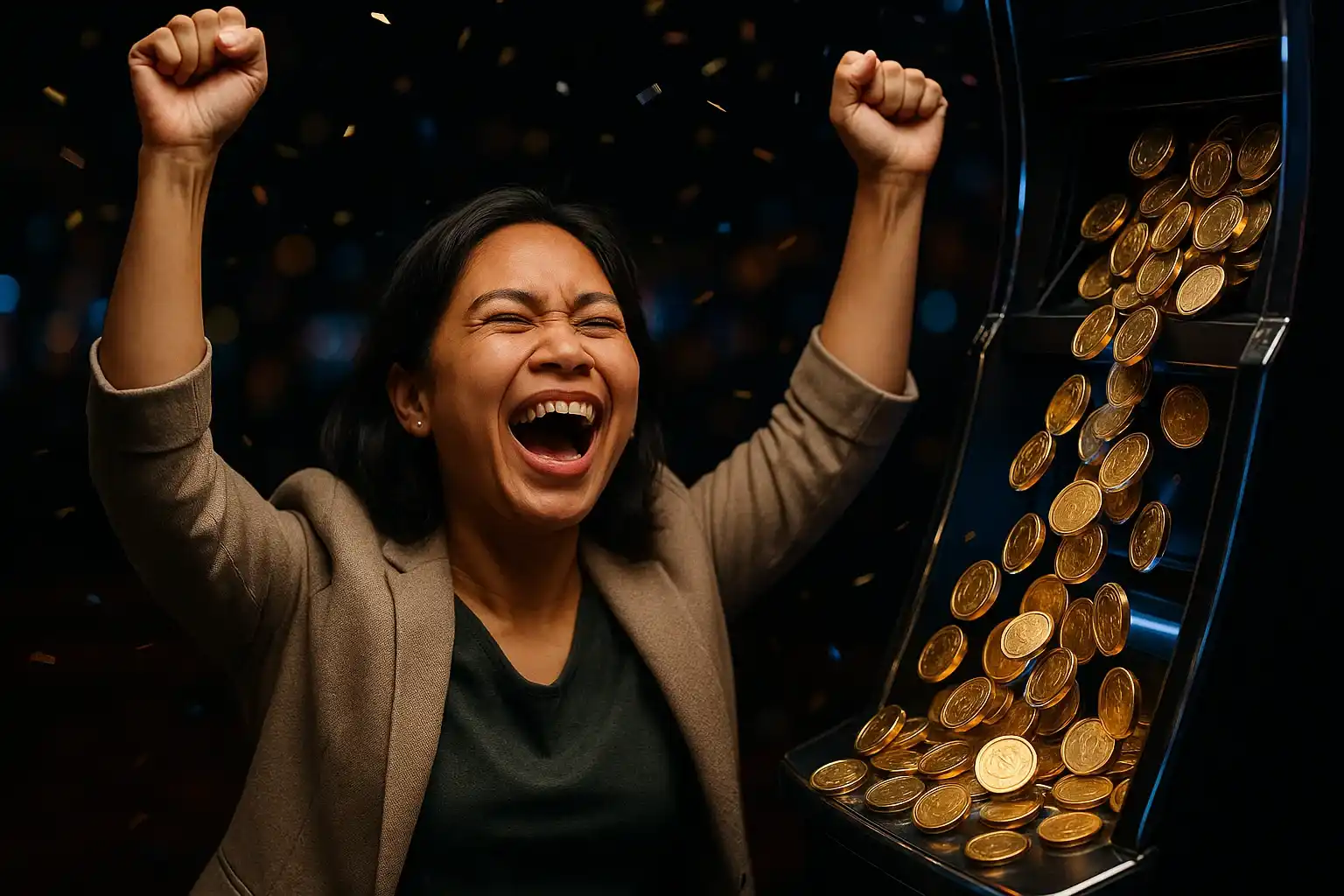 Filipino woman celebrating jackpot beside JILI slot machine with cascading gold coins
