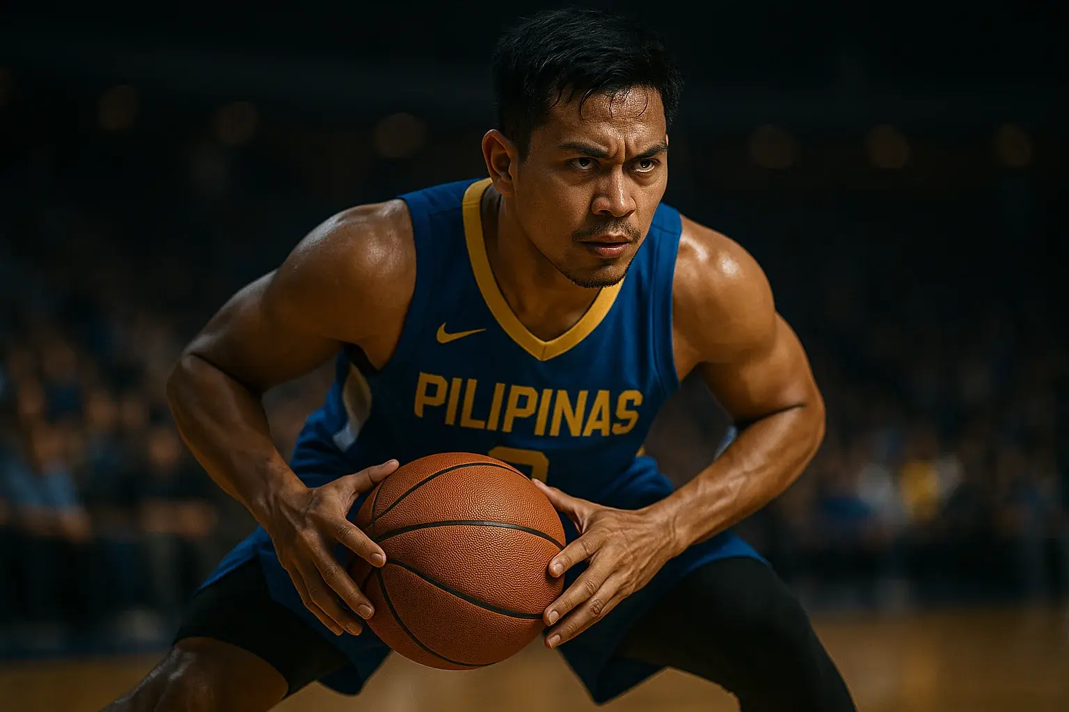 Ultra-realistic Filipino basketball player dribbling mid-court under arena lights